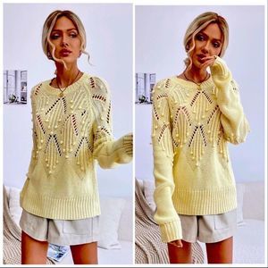 NWT! POINTELLE KNIT POM POM RAGLAN SLEEVE SWEATER IN CREAM!